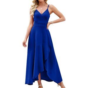 Women's Royal Blue Split V Neck Wrap Evening Party Cocktail Wedding Long Dress